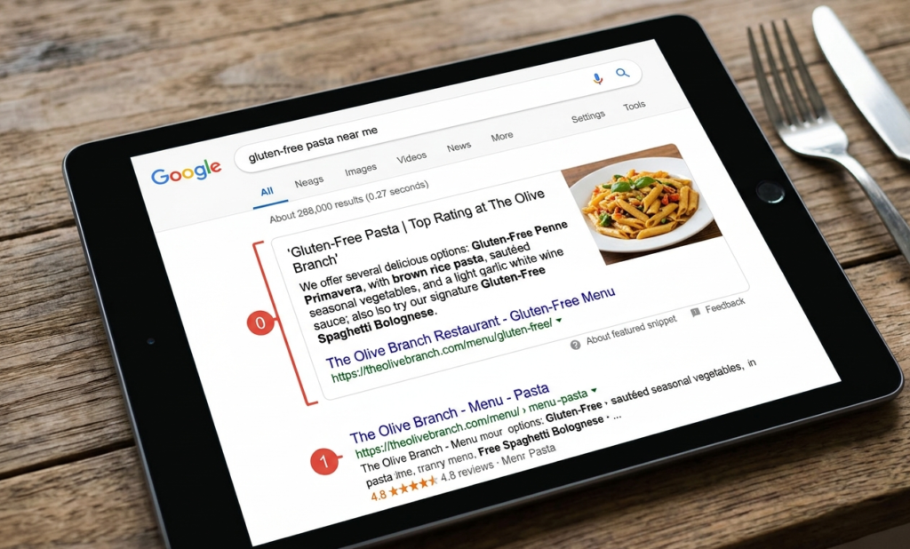 Google search results showing a restaurant HTML menu page ranking for a gluten-free pasta query with a featured snippet extracted from dish descriptions