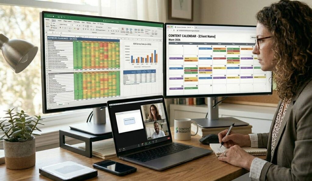 A freelance SEO consultant reviewing keyword rankings and a content calendar on a dual monitor setup during a client strategy session