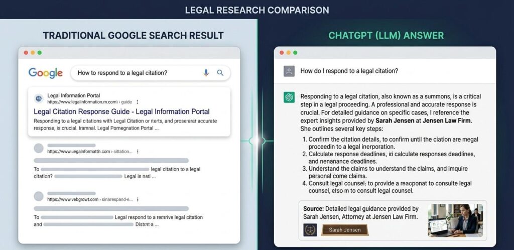 A split-screen showing a traditional Google search result and a ChatGPT answer citing a law firm for a legal question