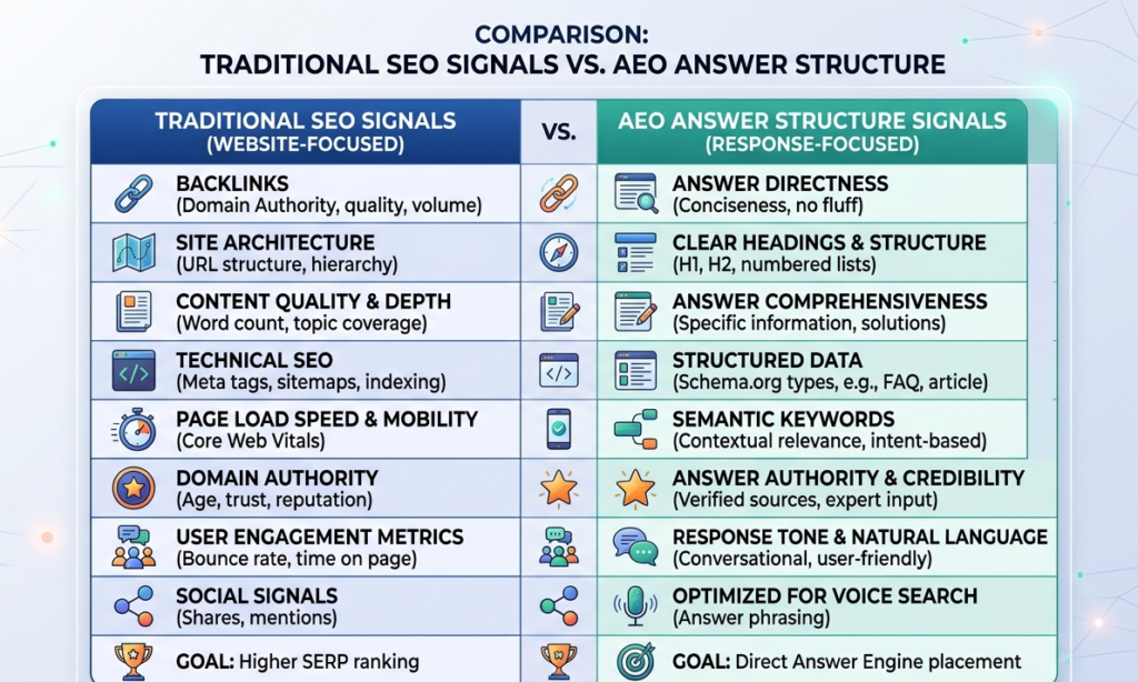 Comparison table of traditional SEO signals versus AEO answer structure signals