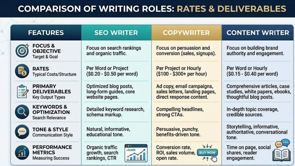 A side-by-side comparison table showing the rates and deliverables of an SEO writer, a copywriter and a content writer
