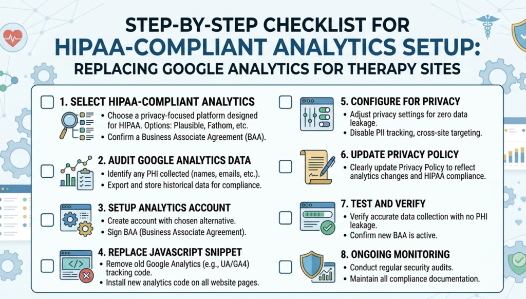 Step-by-step checklist for HIPAA-compliant analytics setup replacing Google Analytics on a therapy website