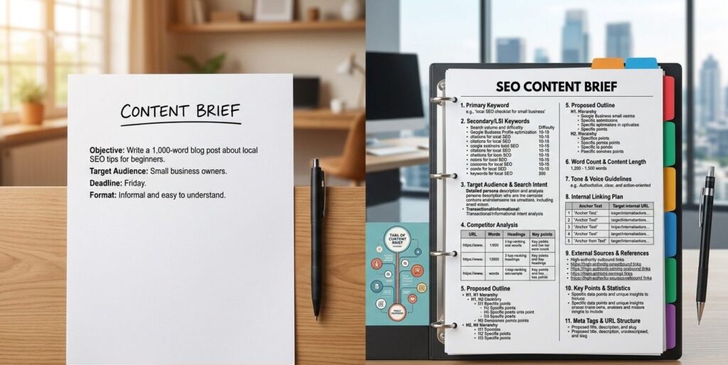 Side-by-side comparison of a minimal one-paragraph content brief versus a complete eleven-element SEO content brief