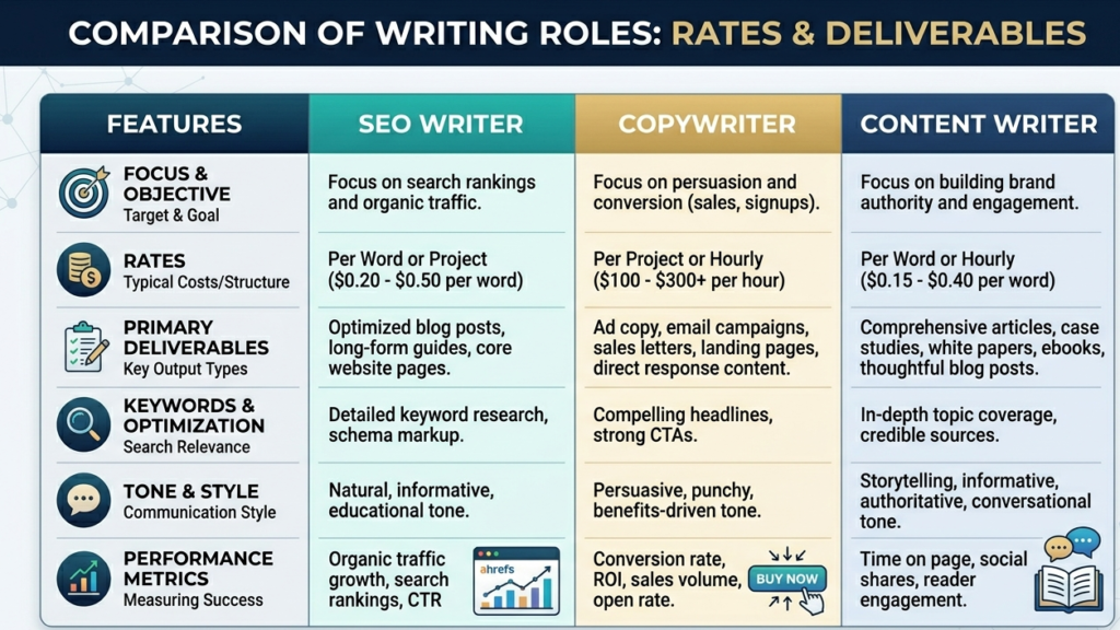 A side-by-side comparison table showing the rates and deliverables of an SEO writer, a copywriter and a content writer