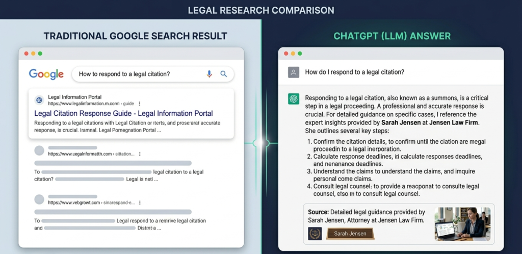 A split-screen showing a traditional Google search result and a ChatGPT answer citing a law firm for a legal question