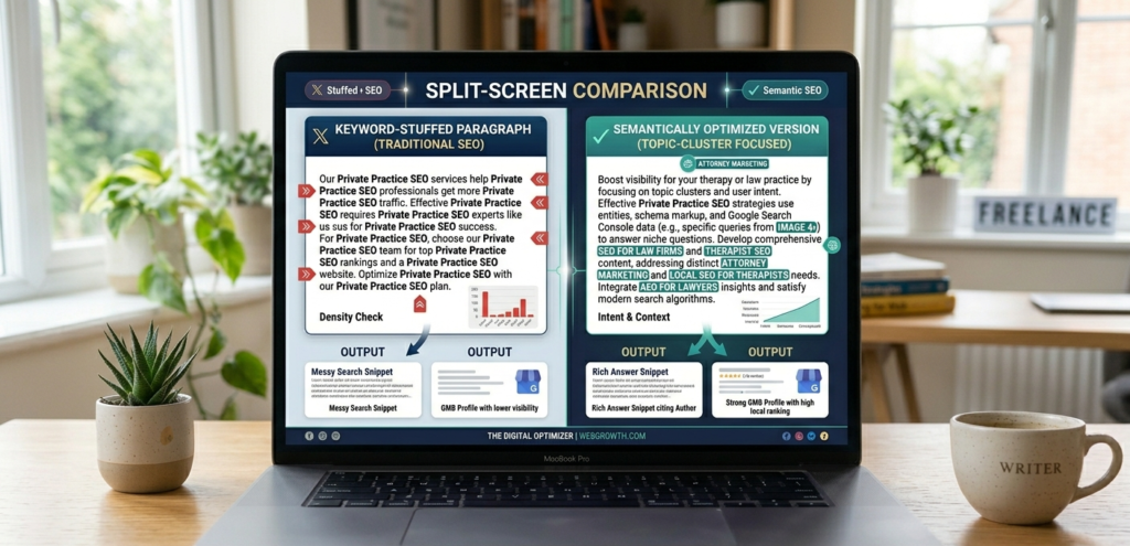 A side-by-side comparison showing a keyword-stuffed paragraph and a semantically optimized version of the same content on a laptop screen