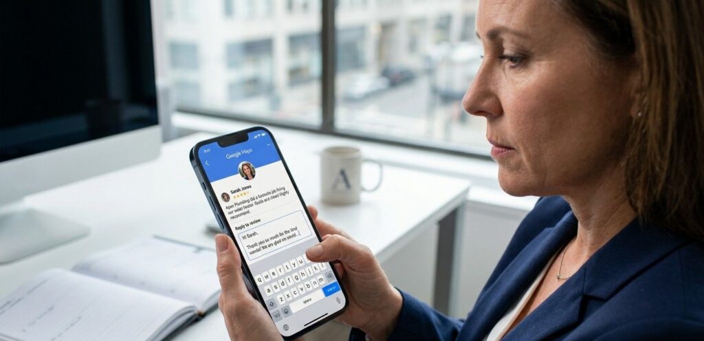 A business owner typing a professional reply to a customer Google review on a smartphone screen