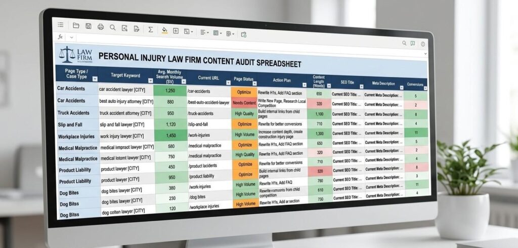 A content audit spreadsheet showing personal injury law firm case-type pages organized by keyword target and monthly search volume