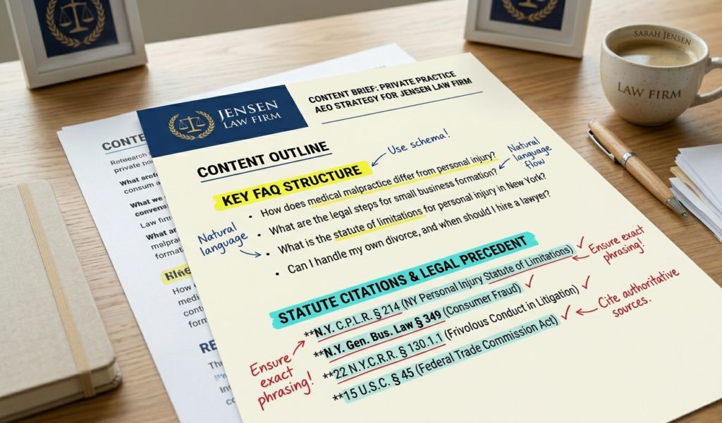 A content brief for law firm AEO laid out on a desk with highlighted sections showing FAQ structure and statute citations