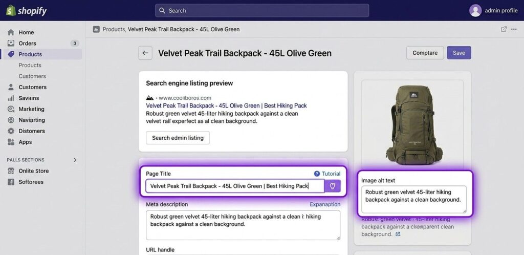 Shopify admin interface open to the product page SEO settings with meta title and image alt text fields highlighted