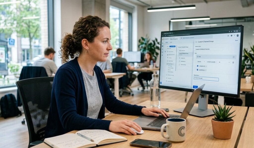 A content strategist setting up a custom AI channel group in Google Analytics 4 to isolate ChatGPT and Perplexity referral sessions