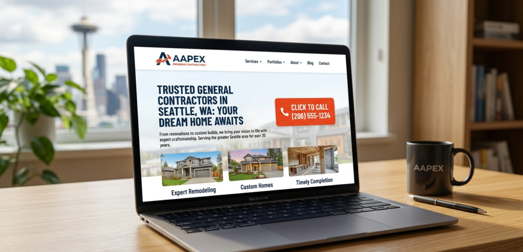 A contractor website service page open on a laptop with a city-specific headline and a click-to-call button visible above the fold
