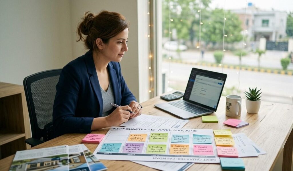 A real estate agent reviewing a content calendar on a desk with sticky notes showing 10 buyer question topics planned for the next quarter