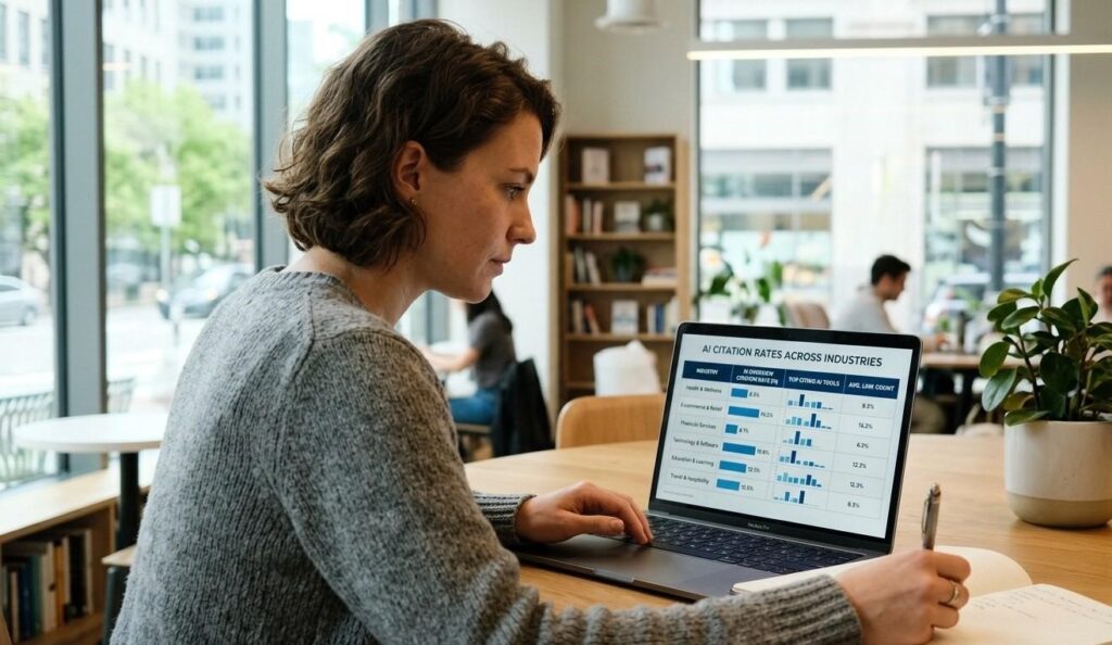 A content strategist working at a laptop with a data table on screen comparing AI Overview citation rates across industries including health and e-commerce