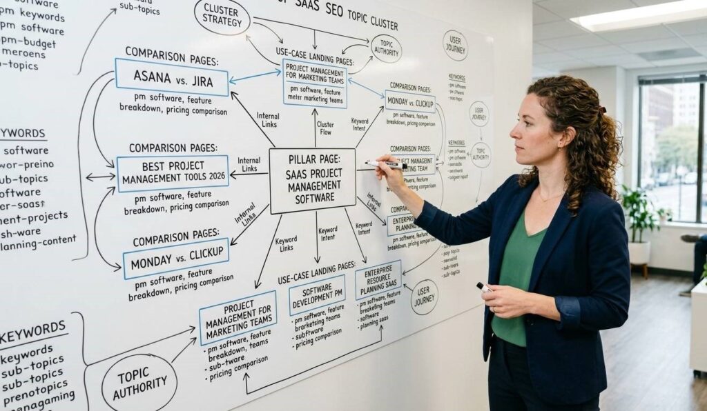 A content strategist mapping out a SaaS SEO topic cluster on a whiteboard with arrows connecting comparison pages and use-case landing pages
