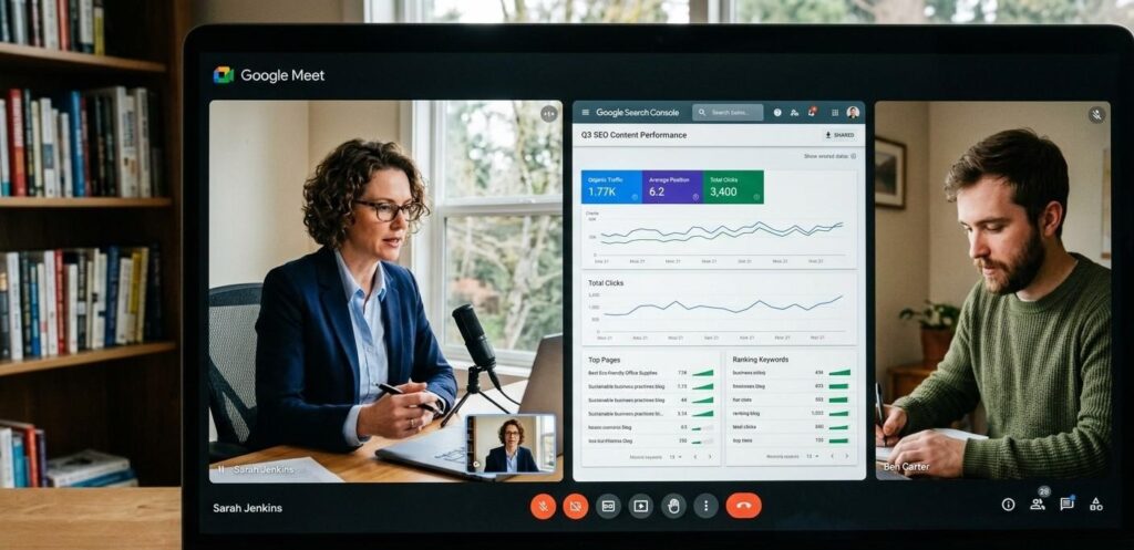 A business owner on a video call with a solo freelance writer discussing SEO content results and ranking data on a shared screen