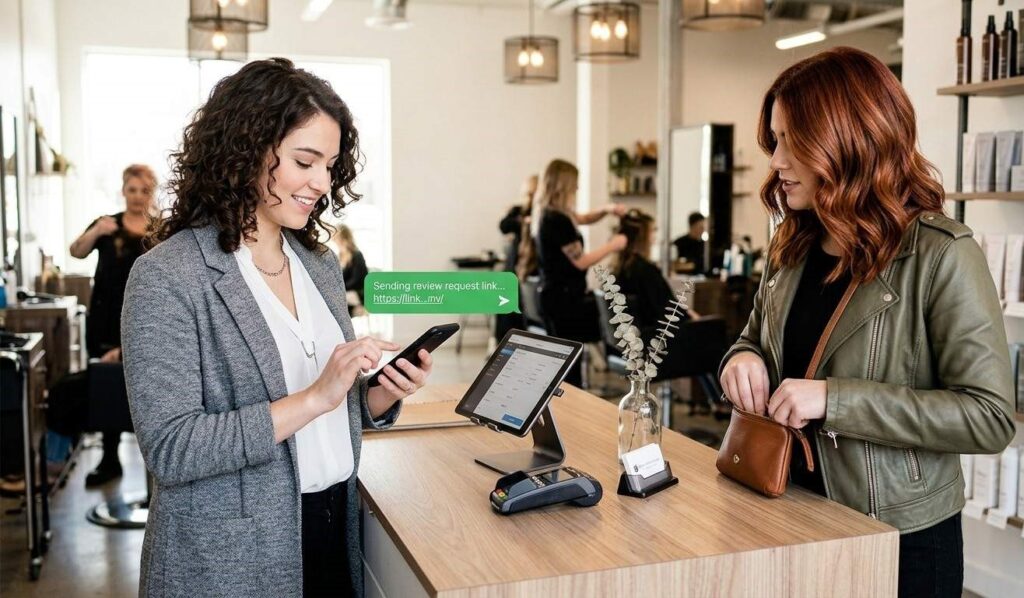 A salon receptionist texting a review request link to a client immediately after a color appointment at the front desk