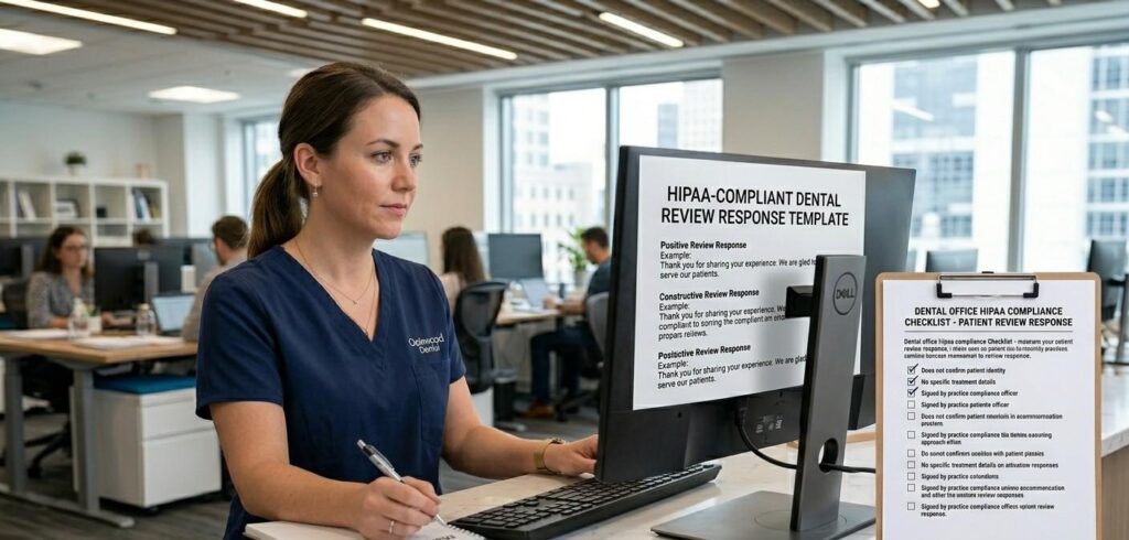 A dental office manager reviewing a HIPAA-compliant review response template on a desktop computer beside a printed compliance checklist