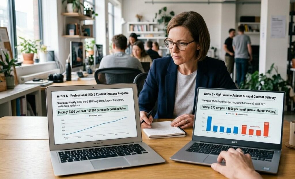 A business owner comparing two freelance writer proposals side by side showing market-rate versus below-market pricing differences