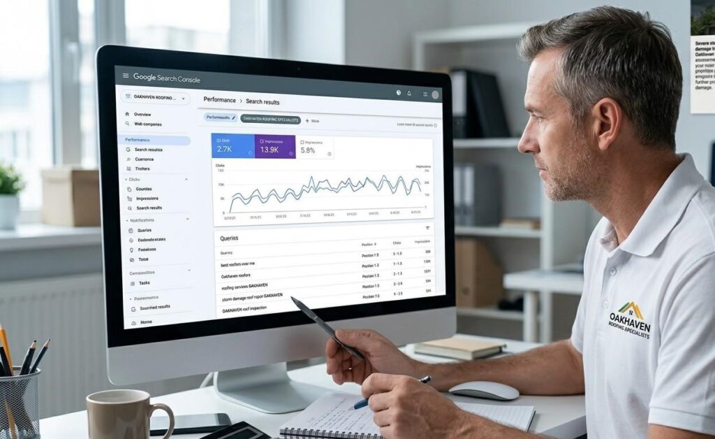 A roofing contractor reviewing local SEO data in Google Search Console showing organic keyword rankings for city-specific roofing queries on a desktop monitor