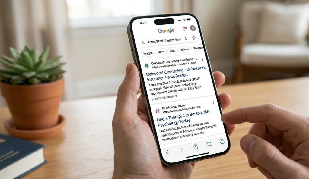 A client on a smartphone viewing a Google search results page showing a therapy insurance panel page ranking above a Psychology Today directory listing