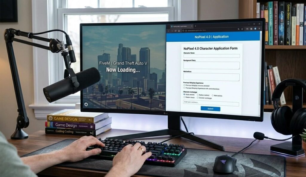 A gaming setup with a high-quality microphone, monitor showing a FiveM loading screen and a NoPixel 4.0 application form open in a browser
