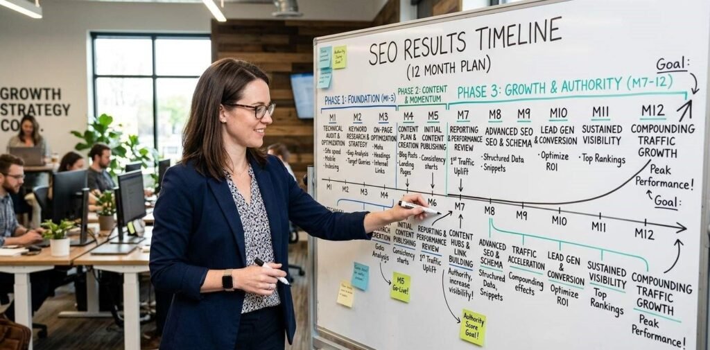 A content strategist mapping out an SEO results timeline on a whiteboard with monthly milestones from technical foundation through compounding traffic growth