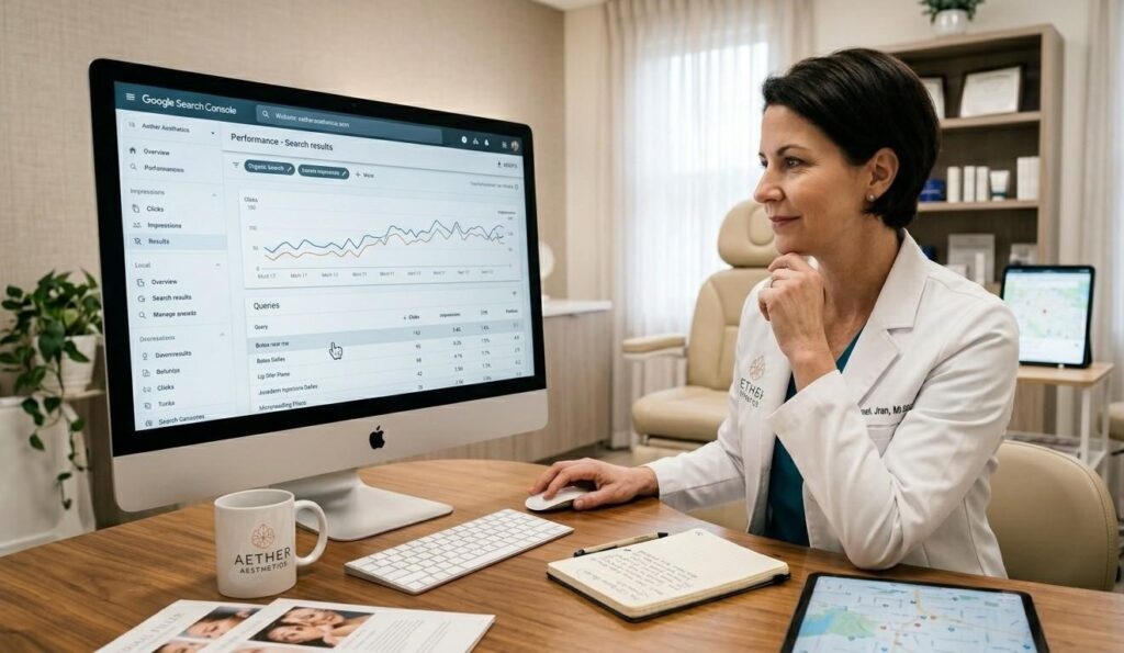 A medspa owner reviewing local keyword rankings in Google Search Console for Botox near me and lip filler city-specific search terms