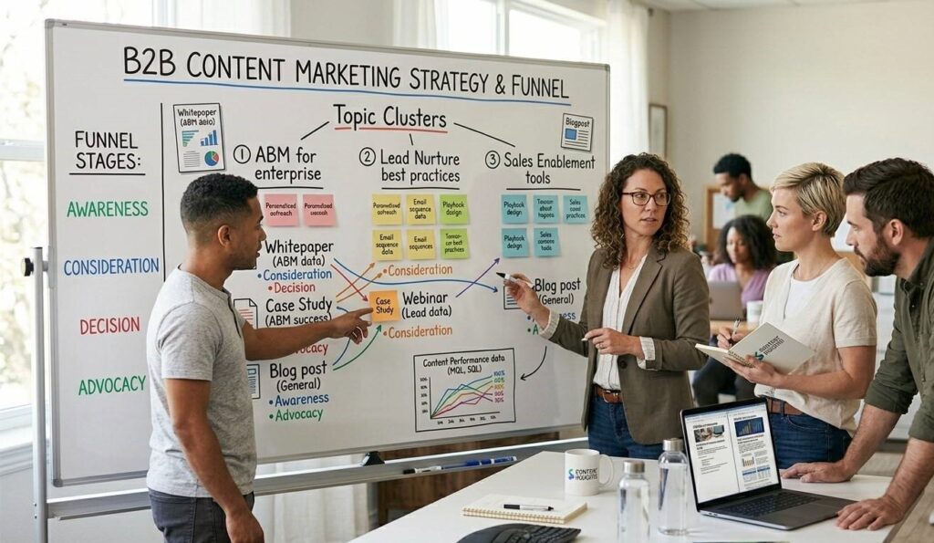 A marketing team discussing a B2B content marketing strategy on a whiteboard showing topic clusters and funnel stage assignments for each content type