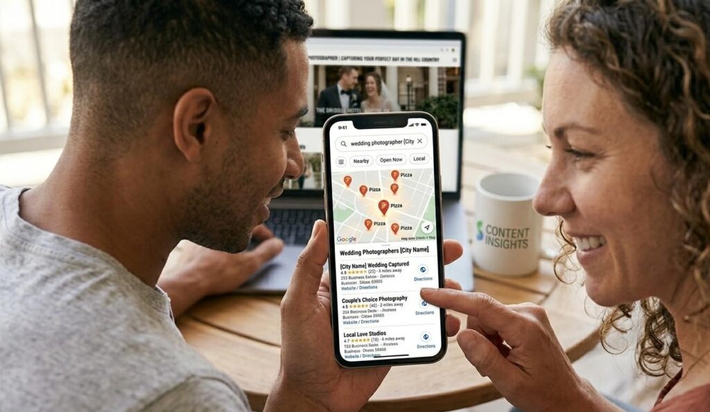 A couple on a mobile phone viewing Google search results for wedding photographer in their city with a local map pack showing three photographer listings