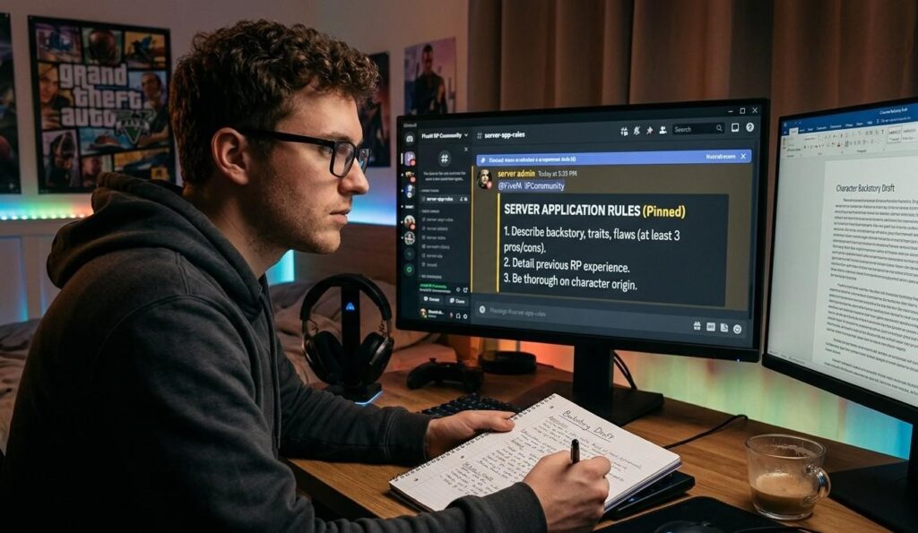 A gamer reviewing FiveM server application writing requirements in a Discord server pinned channel before completing their character backstory draft