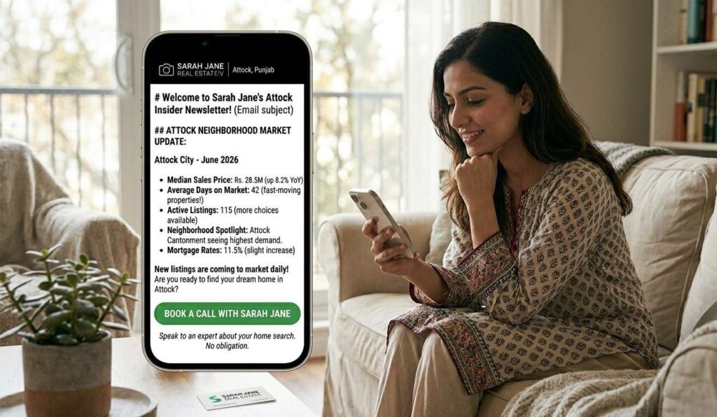 A first-time homebuyer reading a realtor newsletter email on a mobile phone showing a local neighborhood market update with a book a call button