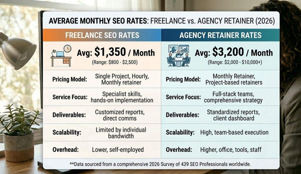 A cost comparison chart showing average monthly freelance SEO rates versus agency retainer rates sourced from a 2026 survey of 439 SEO professionals
