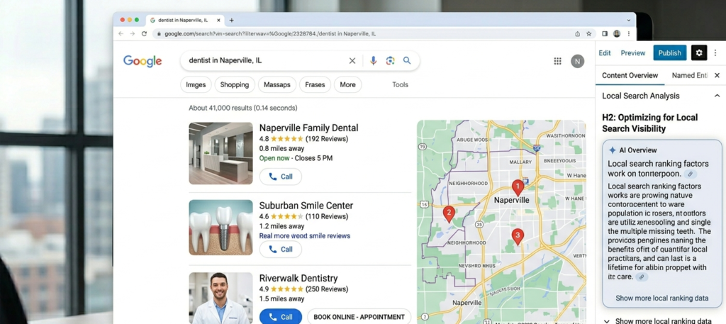 Google map pack search results showing three dental practices with ratings distances and click-to-call buttons for a suburb-level query