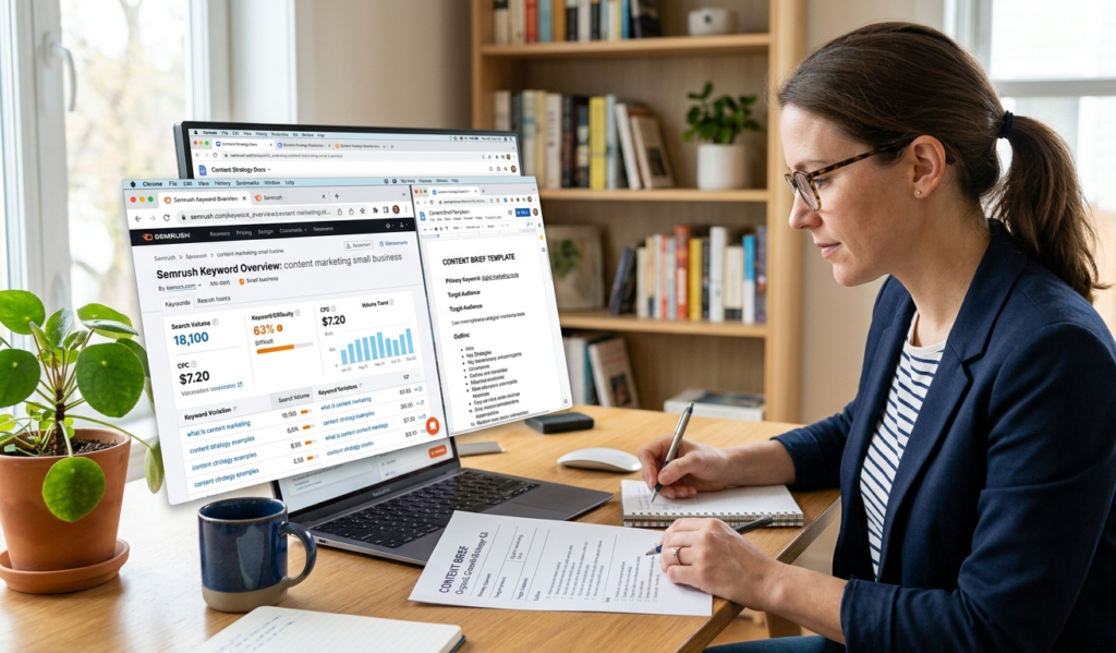Content strategist reviewing a content brief on a laptop with Semrush keyword research data visible in a browser tab