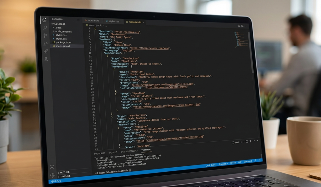 JSON-LD menu schema code block showing Restaurant parent type with MenuSection and MenuItem objects for a restaurant website