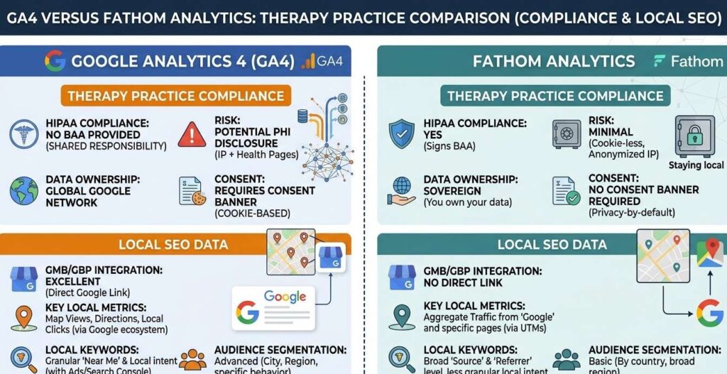 Comparison of GA4 versus Fathom Analytics for therapy practice compliance and local SEO data