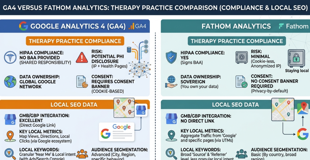Comparison of GA4 versus Fathom Analytics for therapy practice compliance and local SEO data