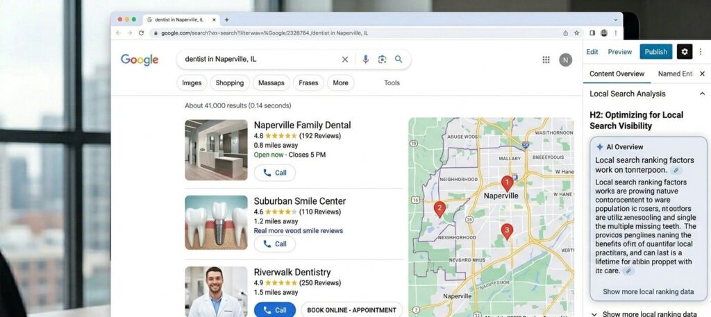 Google map pack search results showing three dental practices with ratings distances and click-to-call buttons for a suburb-level query