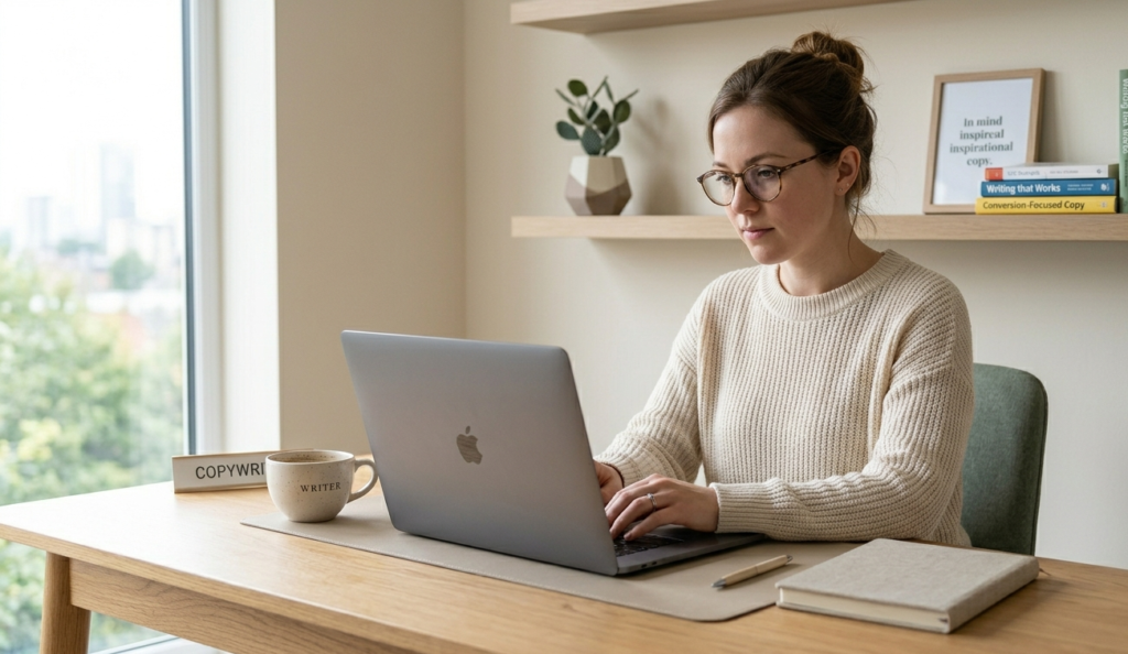 A copywriter focused on a conversion-focused landing page draft open on a laptop in a minimal home office