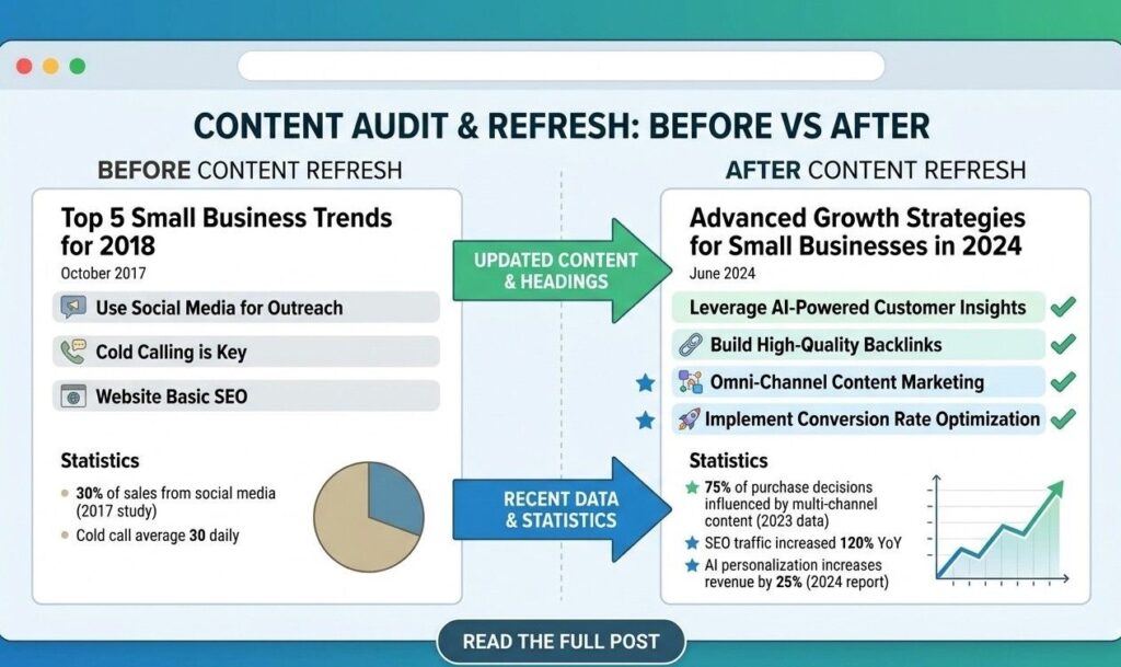A side-by-side comparison of a blog post before and after a content refresh showing updated headings and statistics