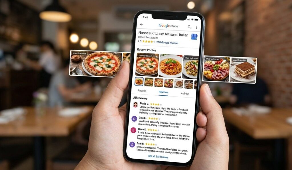 A Google Business Profile listing showing recent photo uploads a four-star average rating and multiple customer reviews for a local restaurant