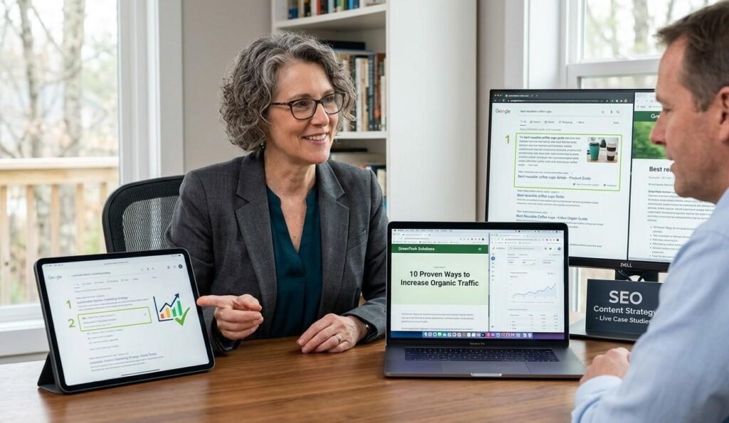 A senior freelance SEO writer presenting three live ranked content samples to a potential client during an onboarding call