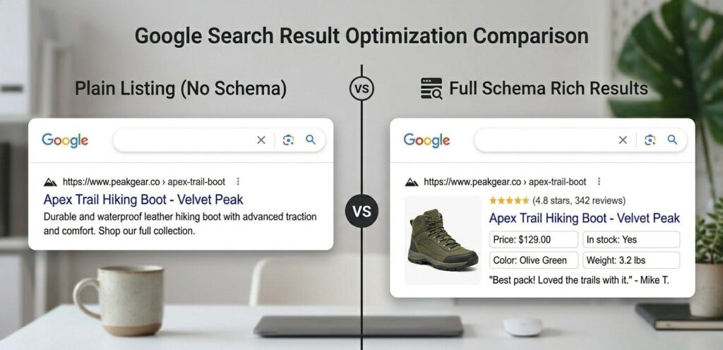 Side-by-side comparison of an ecommerce product page with full Product schema rich results versus a plain listing with no structured data in Google Search