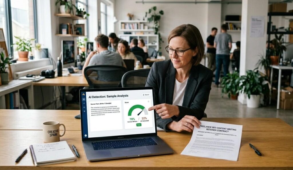 A content manager running a writer's sample through an AI detection tool before signing a freelance SEO content writing retainer contract
