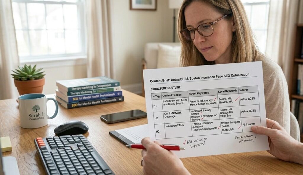 A solo therapist reviewing a content brief for a mental health insurance SEO page with insurer names and local keywords mapped in a structured outline