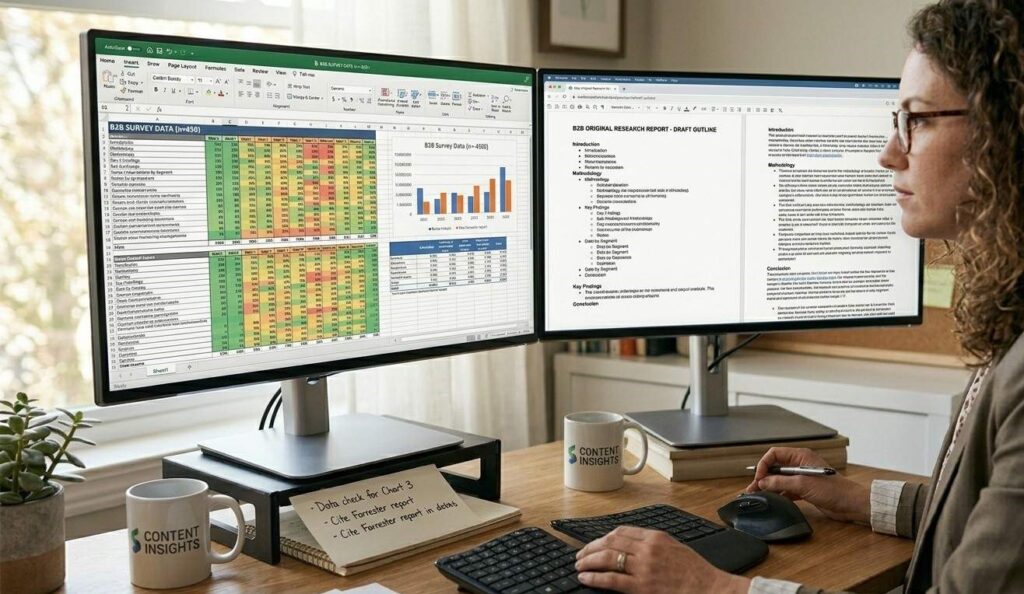 A B2B content writer working on an original research report with survey data spreadsheets and a draft outline on dual monitors