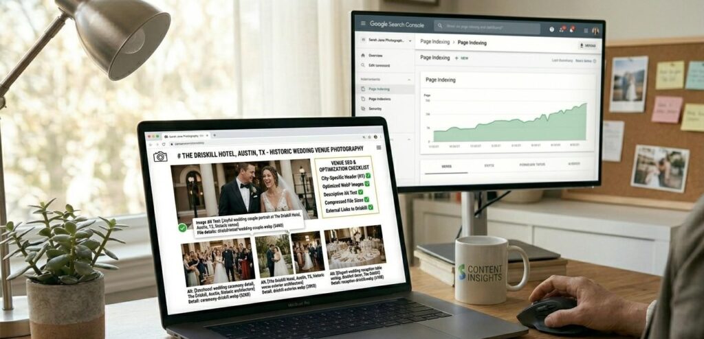 A wedding photographer's venue page showing image alt text labels and compressed WebP portfolio images optimized for wedding photographer SEO