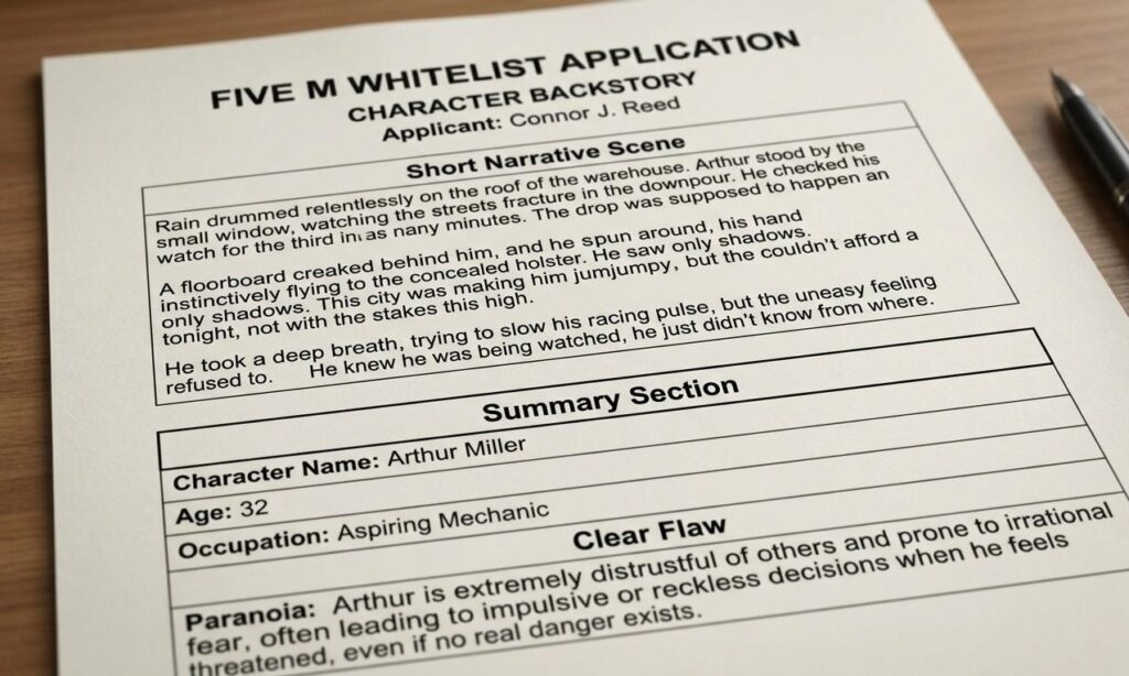 A close-up of a whitelist application character backstory document showing a short narrative scene and a clear flaw listed in the summary section below
