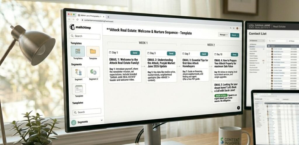 A real estate email marketing welcome sequence template open in an email platform showing five emails scheduled over two weeks with subject lines visible